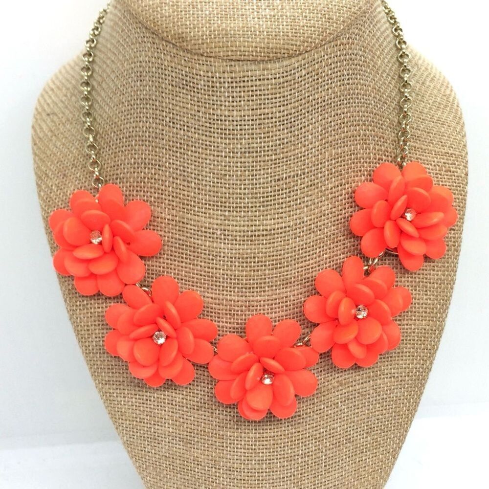 JCREW CREWCUTS NECKLACE Neon Coral Flower Rhinestone Girls